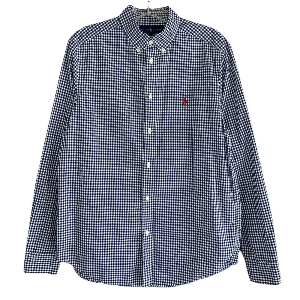 Ralph Lauren Boys Shirt Kids Size 18 20 Blue White Plaid Red Pony Long Sleeve